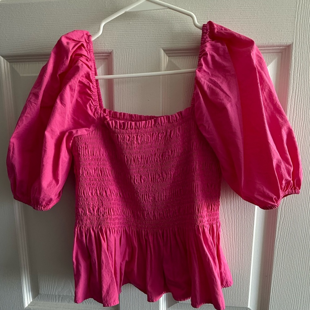 Only Fuchsia Smocked Puff Sleeve Blouse